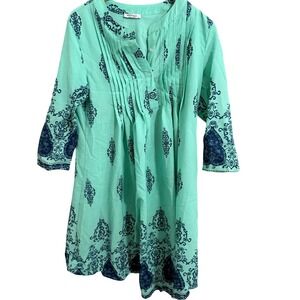 Meaneor Tunic Top Women Small Mint Green Navy Blue Damask Print Pintuck Pleated